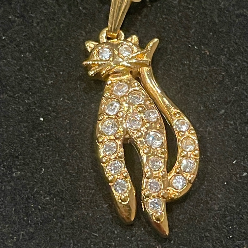 Gold Cat Pendant with Crystals stamped